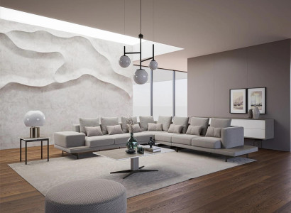 Living room Gray Upholstered furniture Corner sofa L-shape Design Coffee table Side table